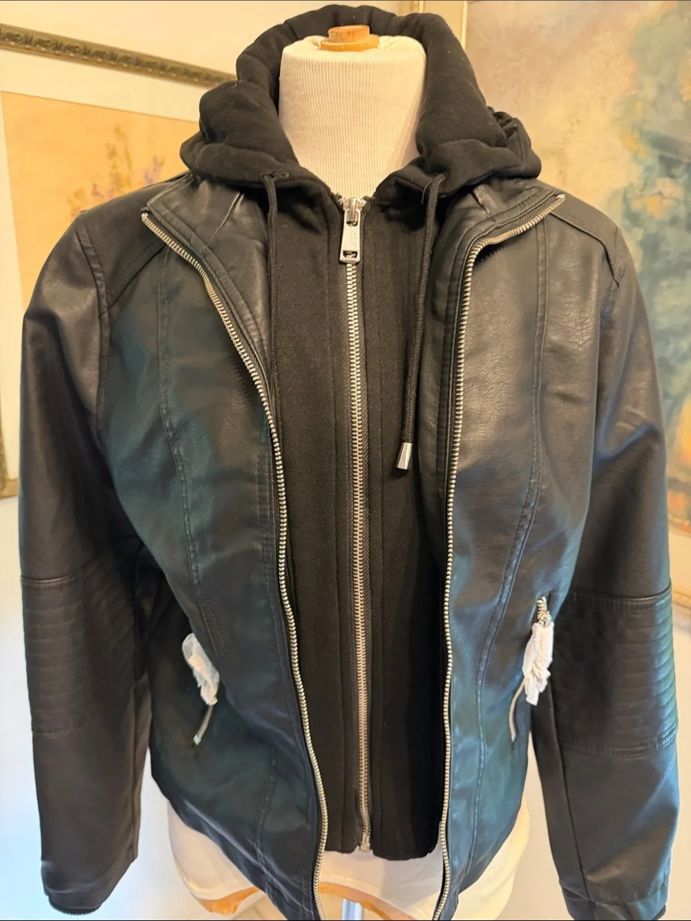 NWT Novish Collection Black Faux Leather Zip Jacket with Hoodie Layer Size MP